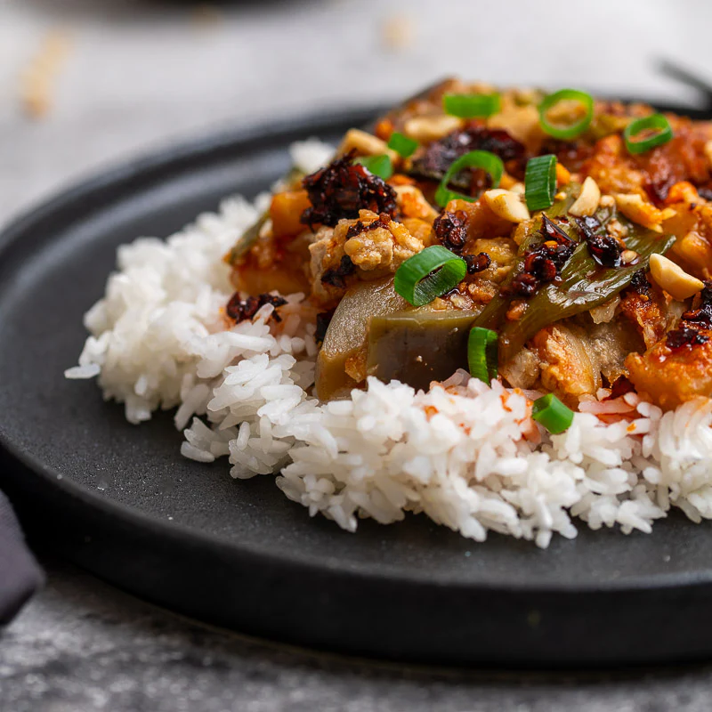 Lou's Szechuan Eggplant with Chilli Oil and Jasmine Rice